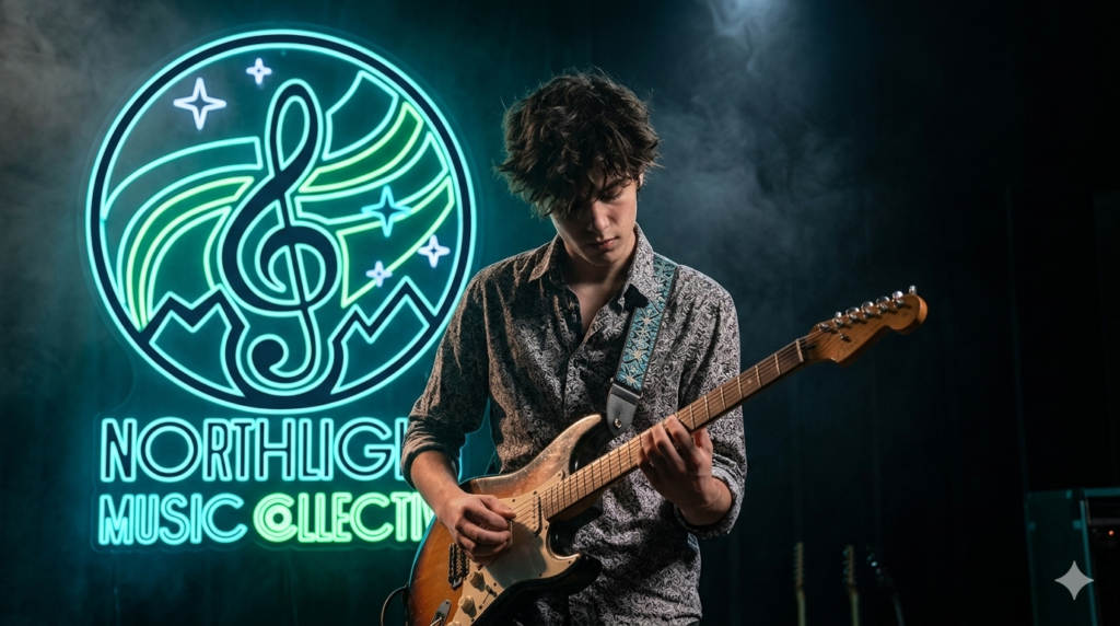 Northlight Music Collective student playing guitar in a music studio