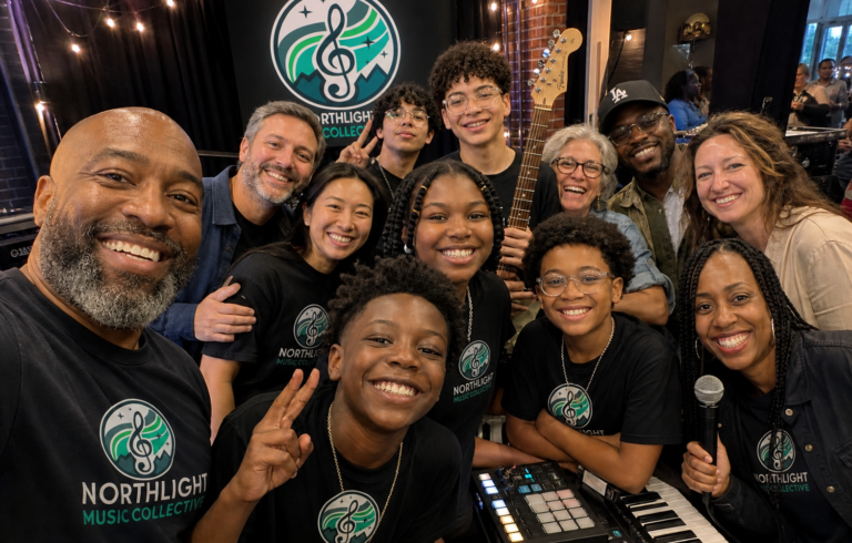 Northlight Music Collective mentors, donors, and youth musicians celebrating together after a music event