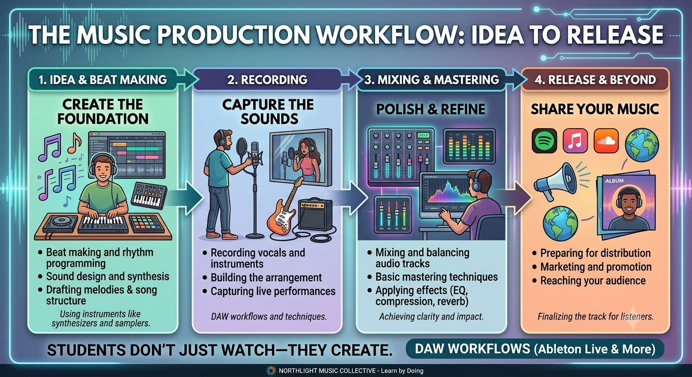 A four-step infographic titled "The Music Production Workflow: Idea to Release." Step 1 (Idea & Beat Making) shows a producer creating a track foundation with beat making and synthesis. Step 2 (Recording) illustrates a singer with a mic and guitar capturing the sounds. Step 3 (Mixing & Mastering) features a sound engineer balancing tracks on a mixing console. Step 4 (Release & Beyond) displays the finalized album being shared on various platforms. The bottom banner highlights "DAW Workflows (Ableton Live & More).